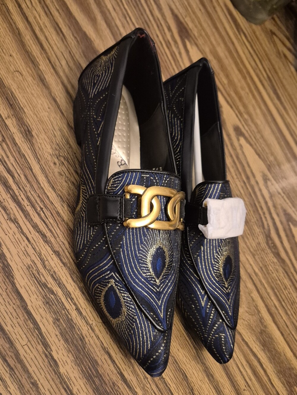 Bellini Women's Navy Pointed Loafers with Gold Buckle Accent